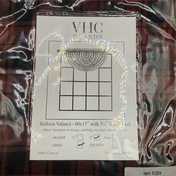 2 - VHC Brands Rustic Balloon Valance 60x15" Red Black Cumberland Window 3 1/4" - Picture 3 of 5